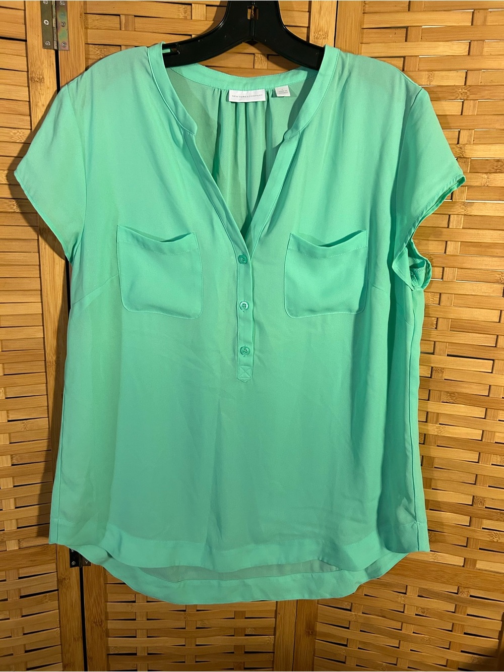 🔥3/$8- New York & Company Mint Green Short-Sleeve Blouse with Front Pockets